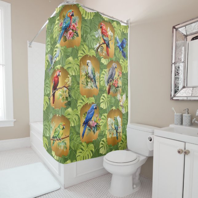 Rideau de douche perroquet et bel oiseau exotique  (En situation)
