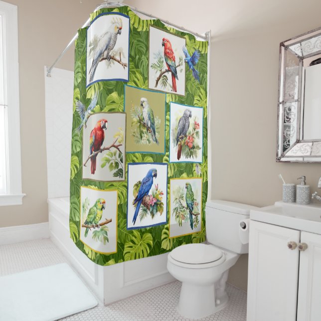 Rideau de douche Perroquet et Bel Oiseau Exotique (En situation)