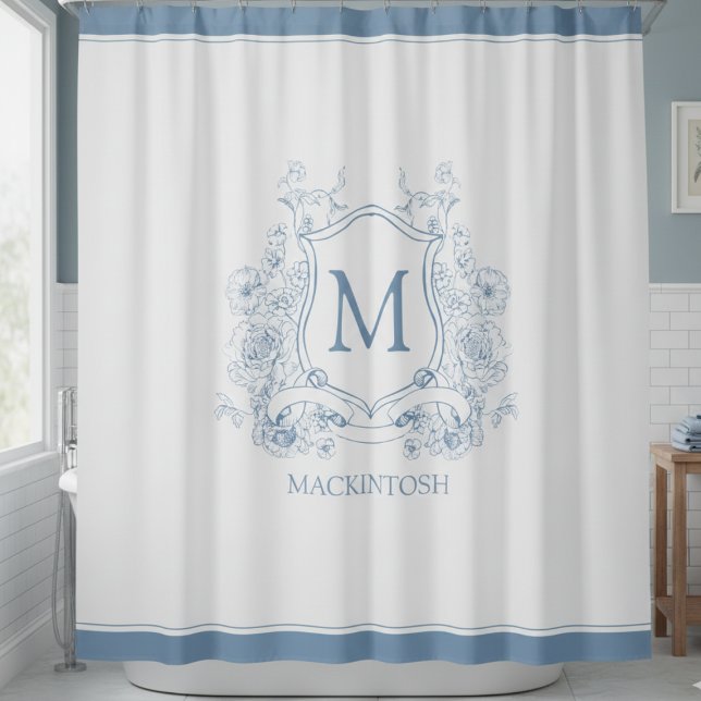 Rideau de douche personnalisé bleu vintage à monog (personalized elegant blue toile french provincial family crest monogram shower curtain)