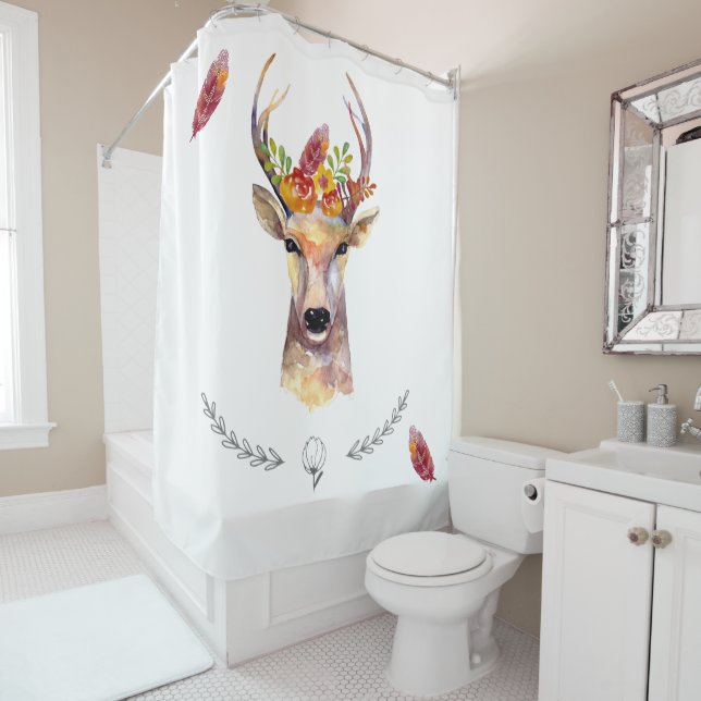 Rideau de douche personnalisé cerf de boho Buck He (En situation)