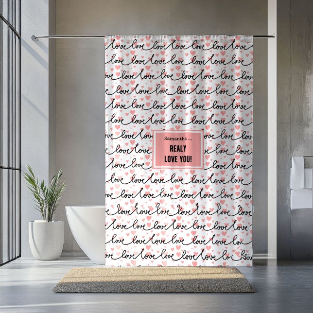 Rideau de douche personnalisé pour la Saint-Valent (Personalized Wedding Shower Curtain Pink Black Hearts)