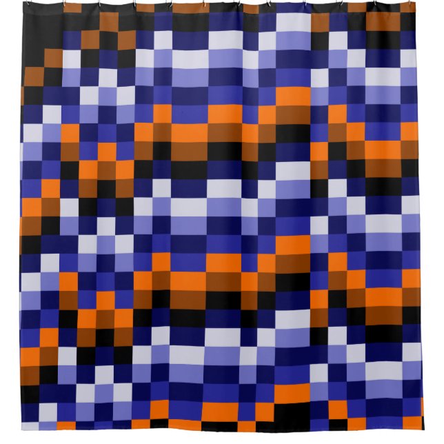 Rideau de douche Pixel Art – Bleus, Orange & Terre (Devant)