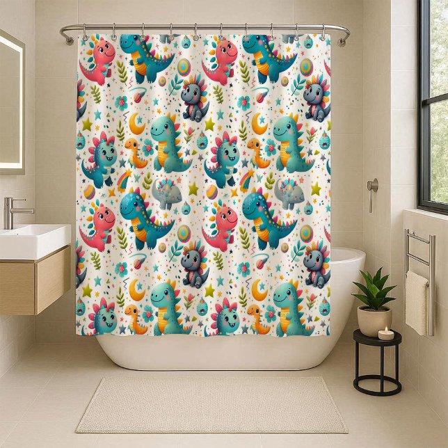 Rideau de douche pour enfants dinosaure bébé migno (Cute Baby Dinosaur Teal Kids Dino Shower Curtain)