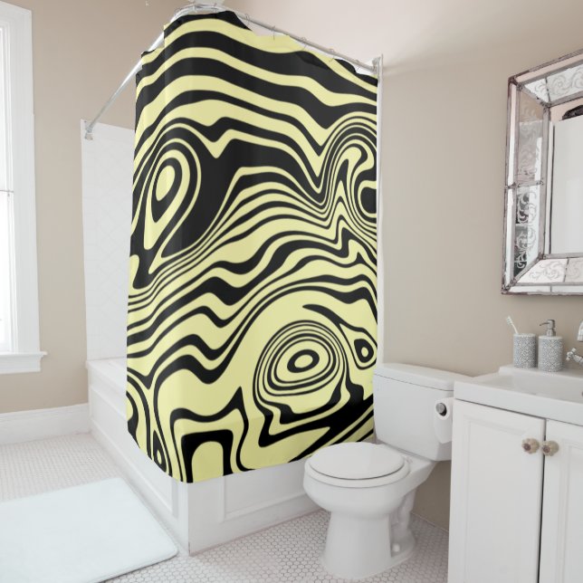 Rideau de douche rayé jaune noir (En situation)
