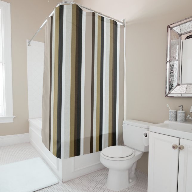 Rideau de douche rayé marron et beige  (En situation)