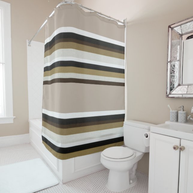 Rideau de douche rayé marron et beige  (En situation)