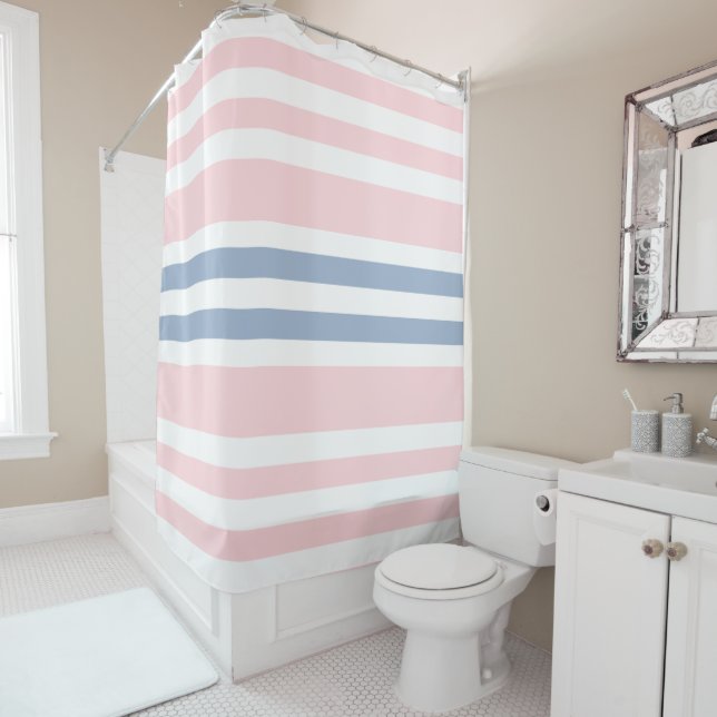 Rideau de douche rayé rose & blanc bleu (En situation)