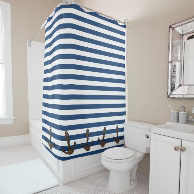 Rideau de douche Rayures Nautiques et Ancres (En situation)