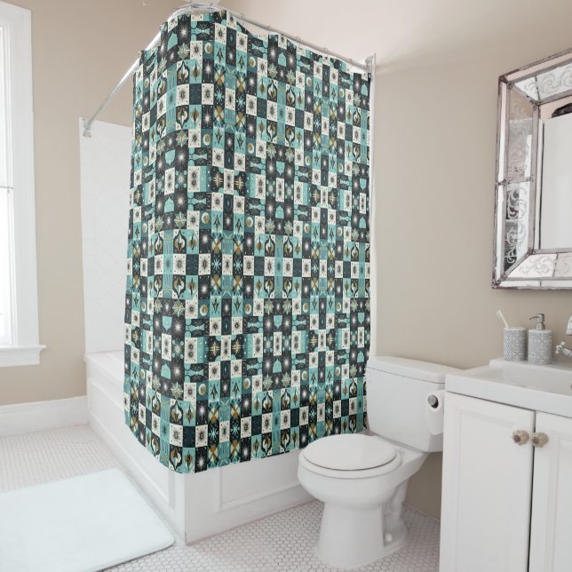 Rideau de douche rétro milieu du siècle moderne (En situation)