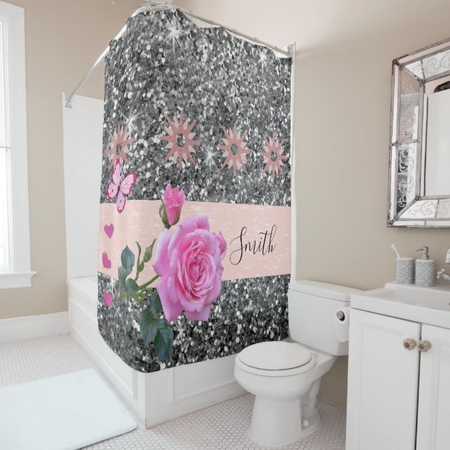Rideau de douche Rose Rose Floral Papillon rose (En situation)