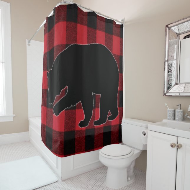 Rideau de douche Rouge Buffalo plaqué Ours Noir (En situation)