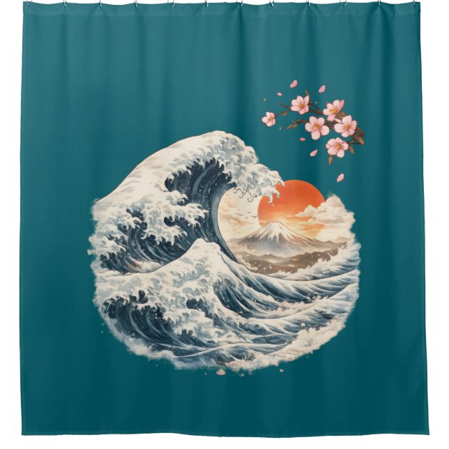 Rideau de douche sarcelle Grande Vague japonaise (Devant)