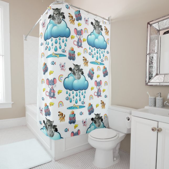 Rideau de douche Souris Chat Chien Arc-en-ciel Fro (En situation)