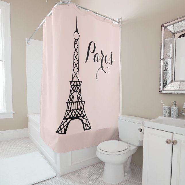 Rideau de douche Tour Eiffel rose Paris Décoration (En situation)