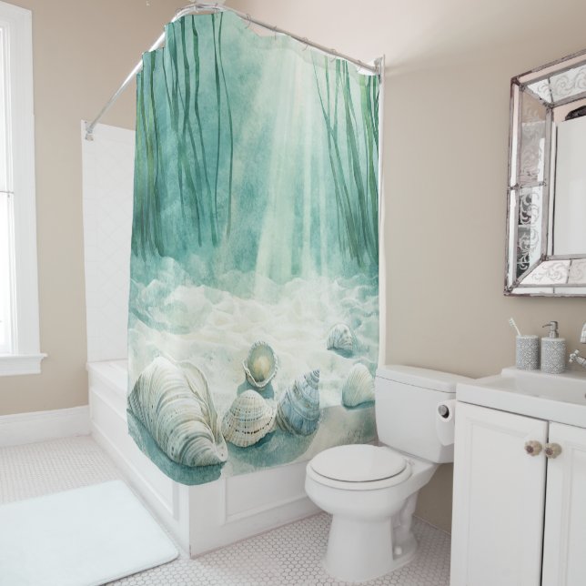 Rideau de douche vert écume de mer avec motif de c (En situation)