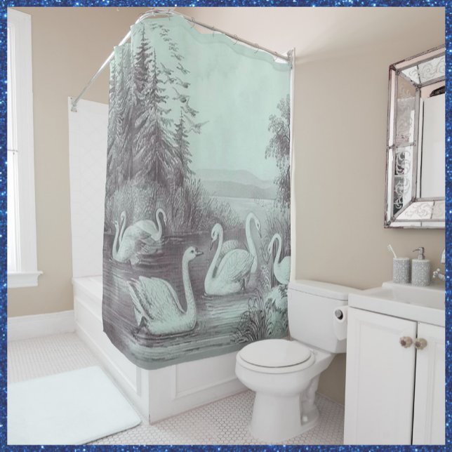 Rideau de douche vintage Blue Swan Lake (Bookmark my store: https://www.zazzle.com/store/capricepetit?rf=238091145531749709)