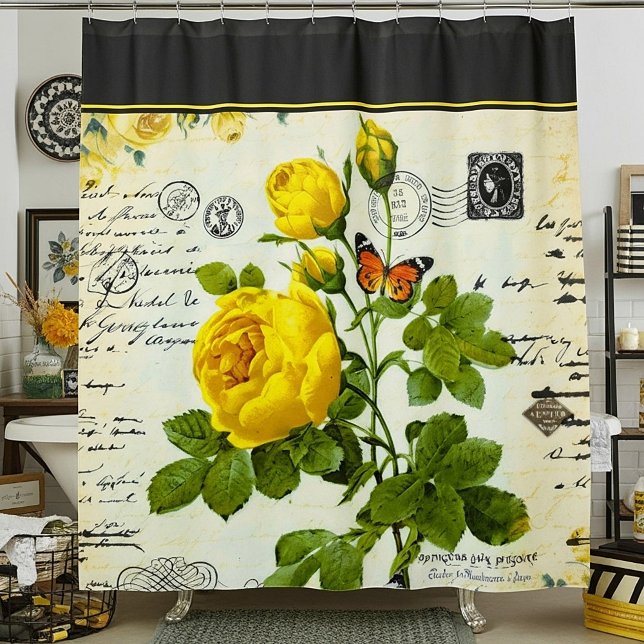 rideau de douche vintage jaune roses (Créateur téléchargé)