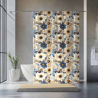 Rideau de maison bohème floral bleu marine ivoire