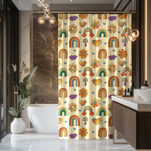 Rideau de style années 70, motif arc-en-ciel paste (70s Style Curtain Groovy Pastel Rainbow Design)
