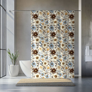 Rideau Floral Bleu Poudre Marron Bohème Chic