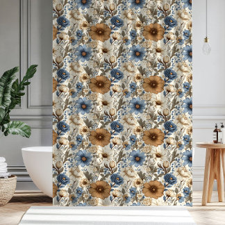 Rideau floral bohème bleu poudreux Brun Bleu