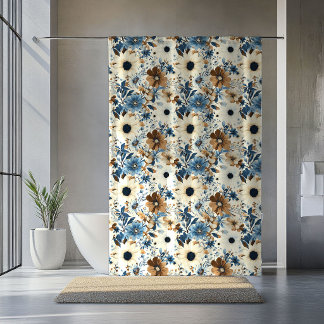 Rideau floral marron opulent Fleurs bleues bohèmes