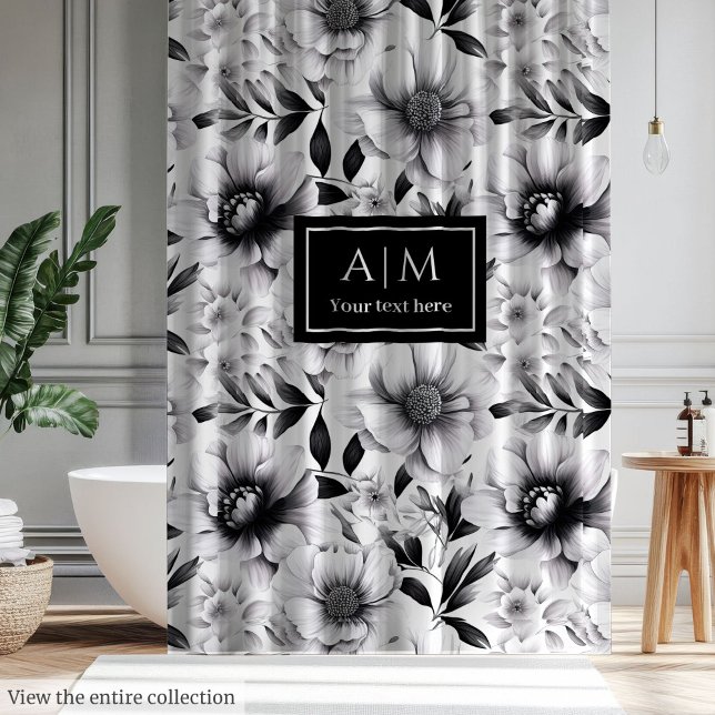 Rideau floral noir et blanc moderne pour salle de  (Modern black and white floral curtain for bath)