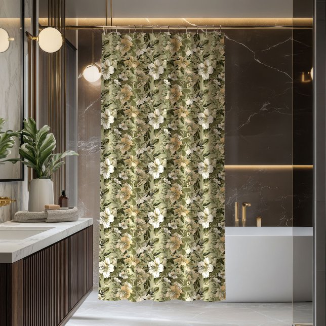 Rideau Floral Vert Or Touche Botanique Pastel (Green Gold Floral Curtain Pastel Botanical Touch)