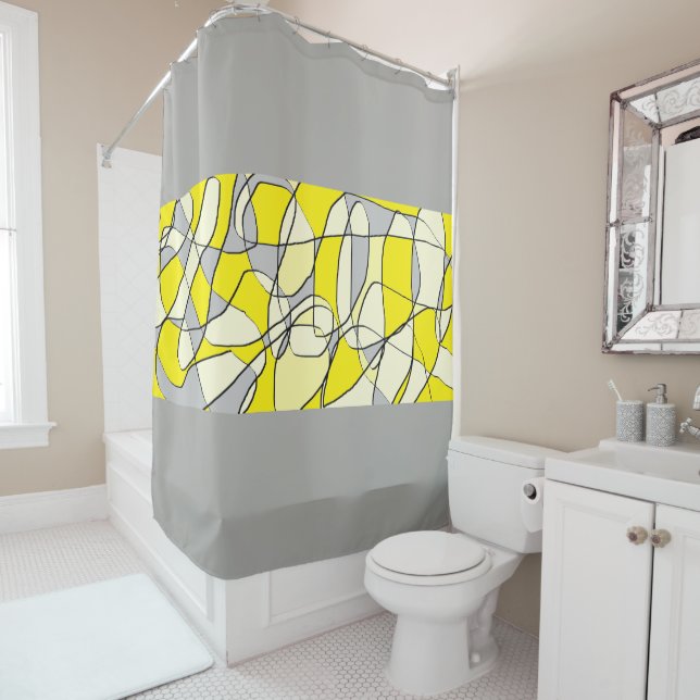 Rideau moderne abstrait jaune et de gris en douche (En situation)