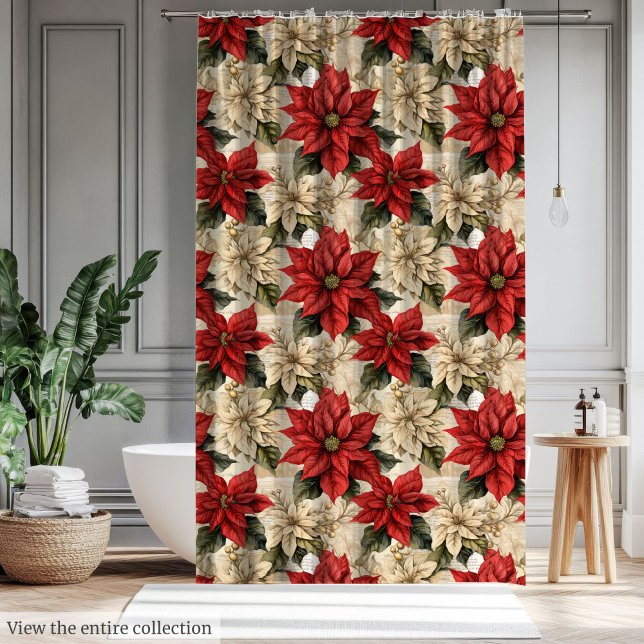 Rideau Poinsettia Rouge Rustique Fleurs Classiques (Rustic Red Poinsettia Curtain Classic Xmas Flowers)