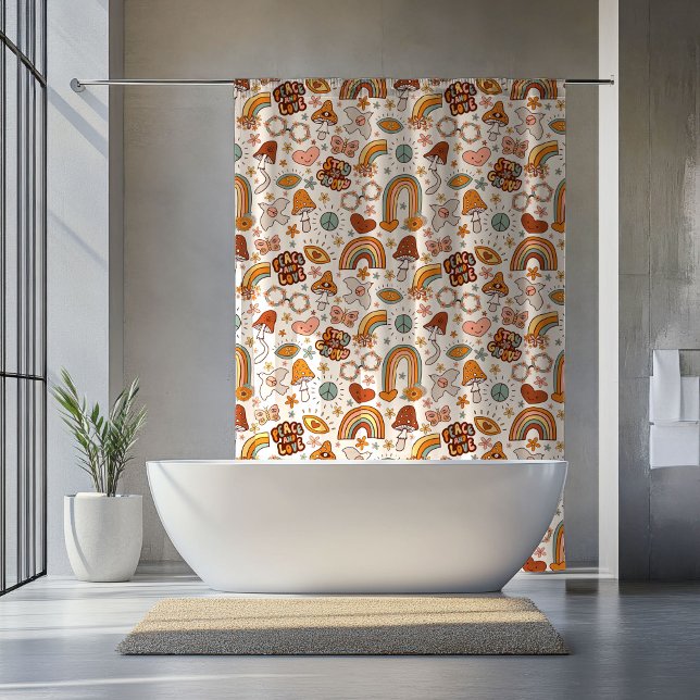 Rideau Rétro Reste Groovy Paix et Amour Rouillé (Retro Stay Groovy Peace and Love Curtain Rusty)