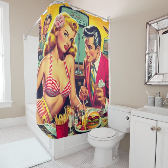 Rideaux De Douche 1950 Retro Coulpe (En situation)