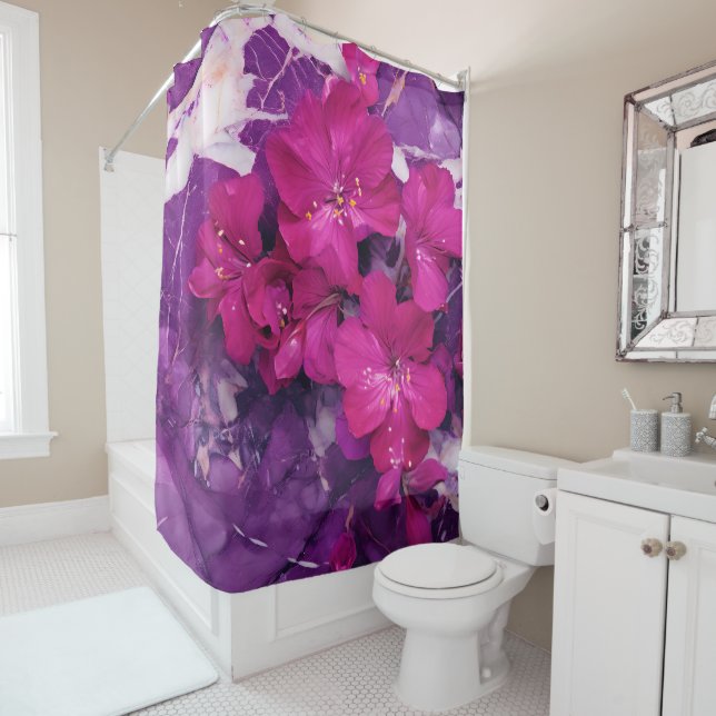 Rideaux De Douche 3D Floral Fuchsia & Purple Marble Art Couverture (En situation)