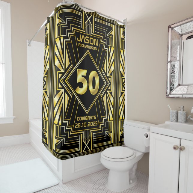 Rideaux De Douche 50e anniversaire Art Déco Gold Black Great Gatsby (En situation)