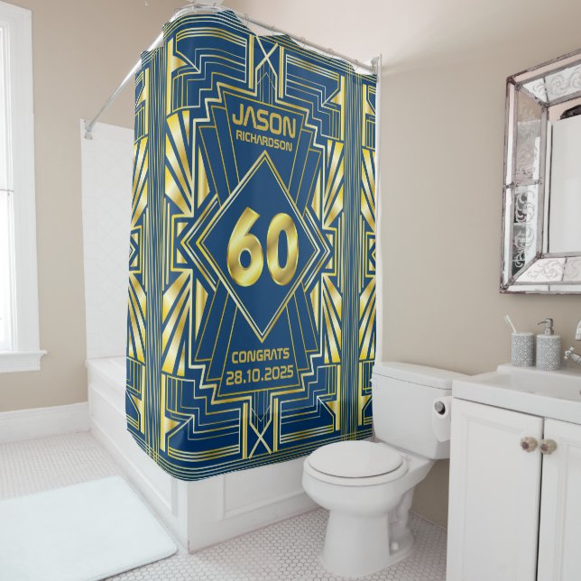 Rideaux De Douche 60e anniversaire Art Déco Gold Blue Great Gatsby (En situation)