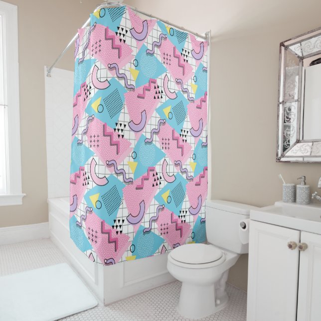 Rideaux De Douche 80's Memphis Active Pink Light Blue (En situation)