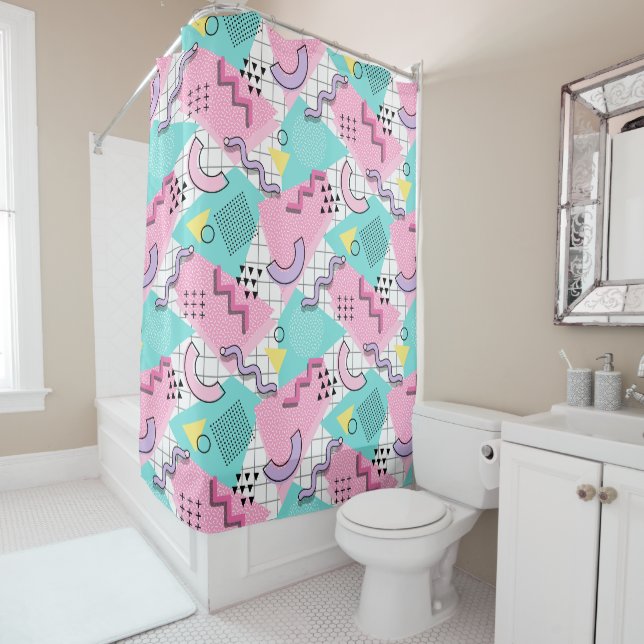 Rideaux De Douche 80's Memphis Active Pink Light Turquoise (En situation)