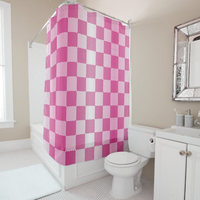 Rideaux De Douche À damiers géométrique rose et blanc (En situation)