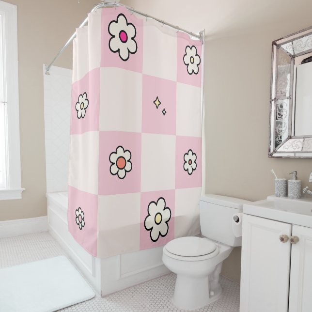 Rideaux De Douche à damiers marguerites roses (En situation)