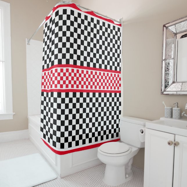 Rideaux De Douche À damiers noir blanc rouge (En situation)