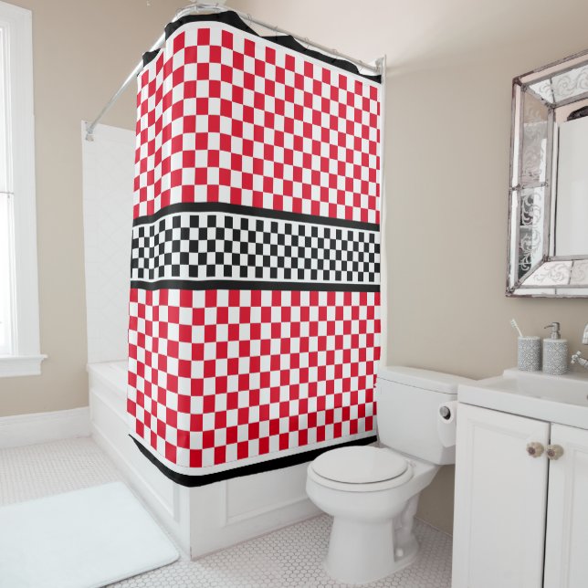 Rideaux De Douche À damiers noir blanc rouge (En situation)