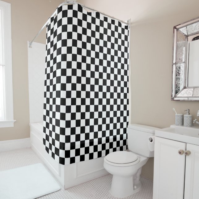 Rideaux De Douche À damiers noir et blanc classique (En situation)