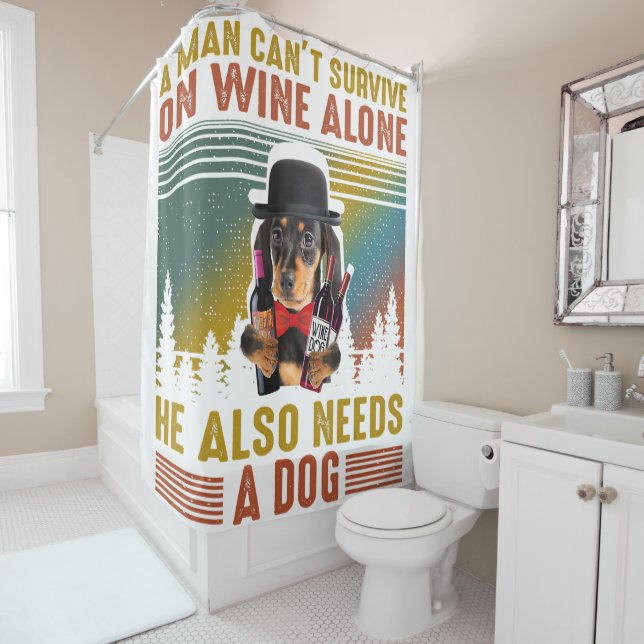 Rideaux De Douche A Man Need Him Dachshund Dog And Wine In Quarantin (En situation)