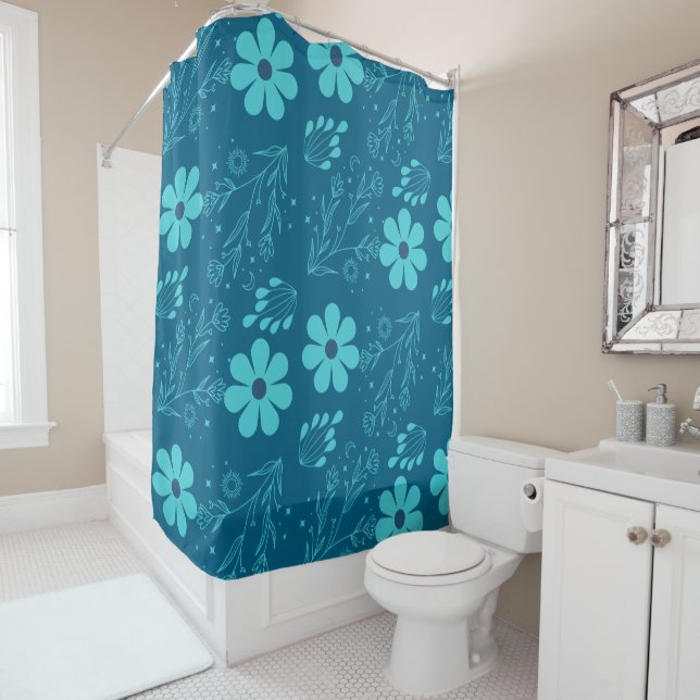 Rideaux De Douche A Trendy Cyan Colour Flowers Design (En situation)