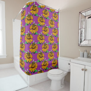 Rideaux De Douche Abeille sur motif de fleur de tournesol violet