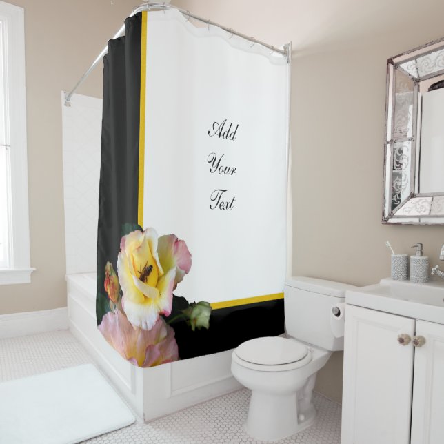 Rideaux De Douche Abeille sur roses rose jaune Fleurs (En situation)