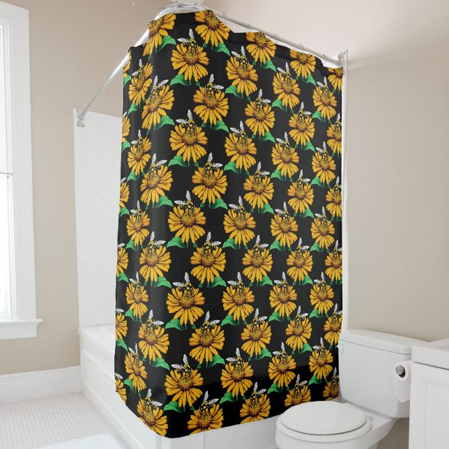 Rideaux De Douche Abeille sur Tournesol Fleur Motif Design Noir (Créateur téléchargé)