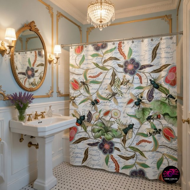 Rideaux De Douche Abeilles et fleurs Vintages (French Script Botanical Bee shower curtain in an elegant French bath.)