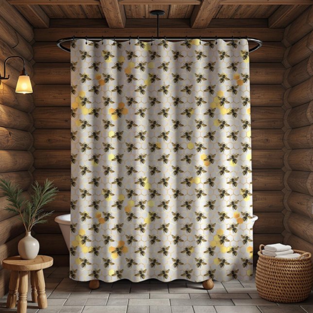 Rideaux De Douche Abeilles sur Honeypeb Motif Jaune Gray Or Rustique (Créateur téléchargé)