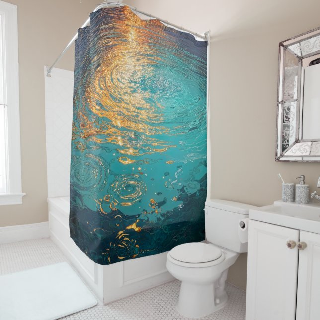 Rideaux De Douche Abstract Aqua Waves with Golden Sunlight (En situation)